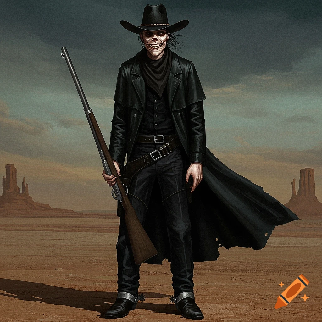 A creepy skeletal figure dressed as a cowboy stands in a desert landscape holding a rifle.