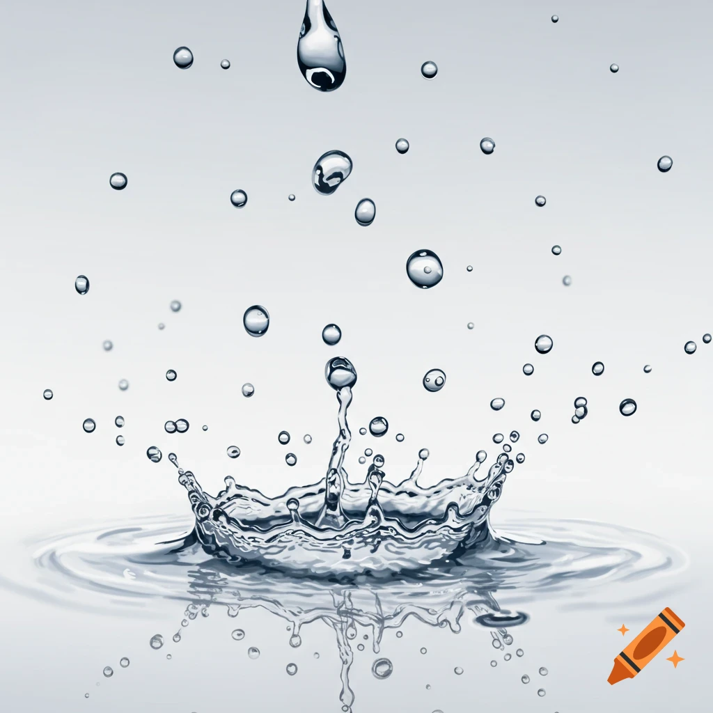 Water drops splashing into a pool of water against a light background.