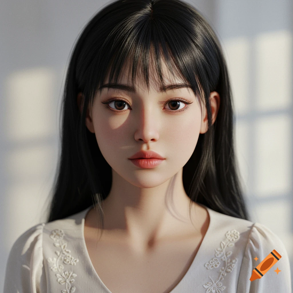 Close-up portrait of a young woman with long dark hair, realistic digital art