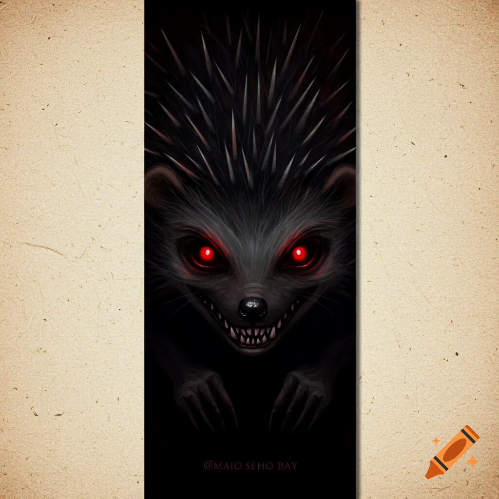 A dark, sinister hedgehog creature with red eyes peeking from the darkness.