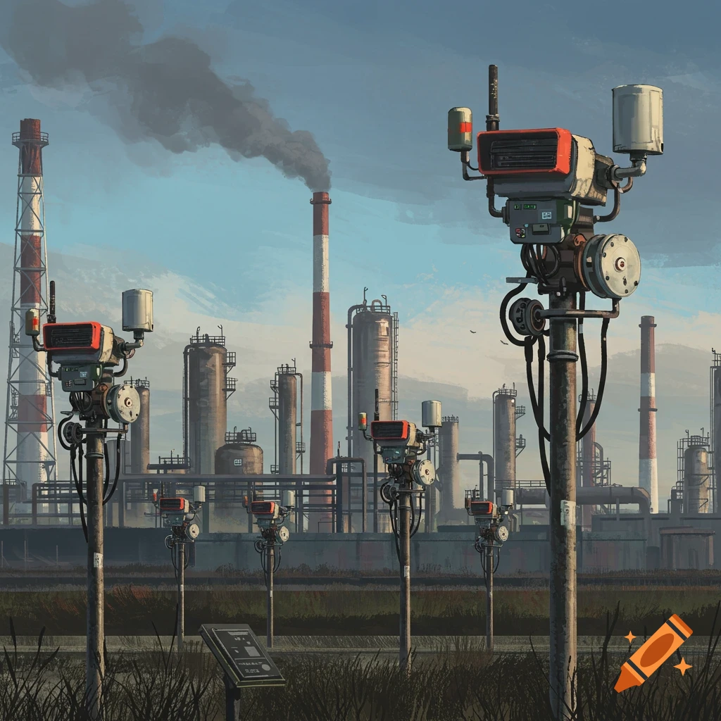 Gas detection equipment on poles in front of a chemical plant.