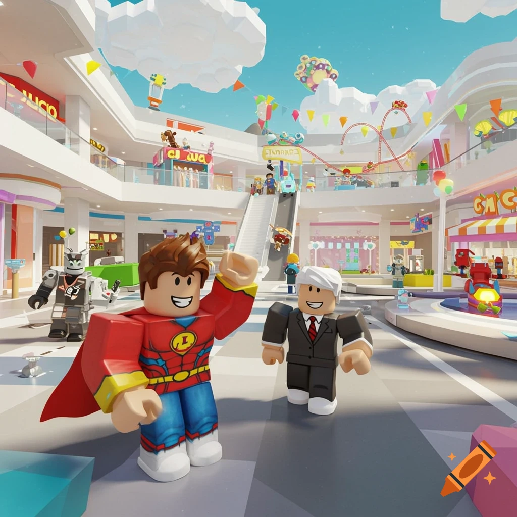 Roblox characters in a bright, busy mall