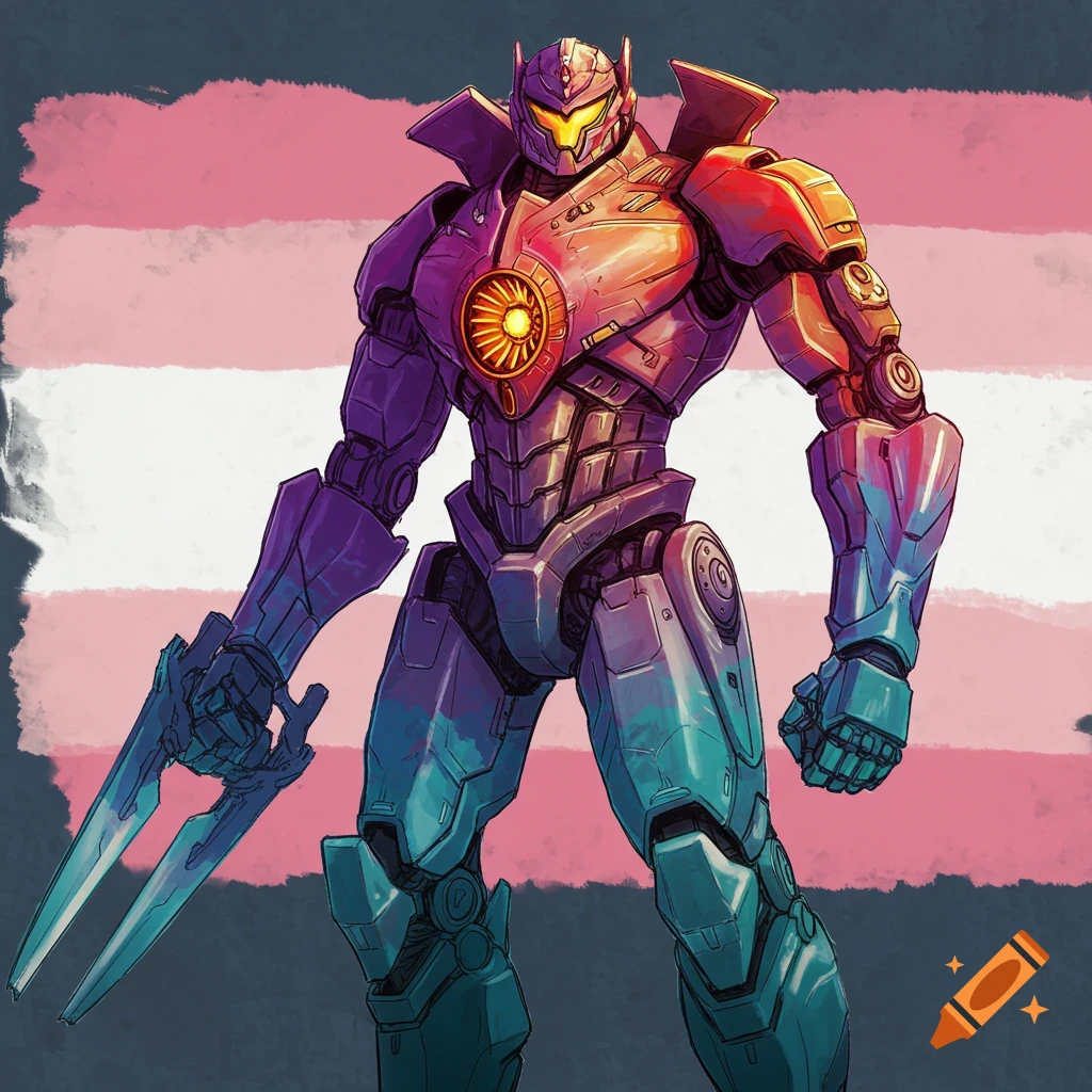 A robot similar to Saber Athena from Pacific Rim, painted in the colors of the Transgender Pride flag.