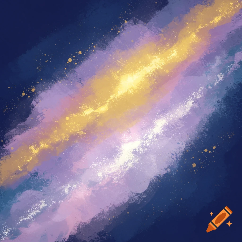 Abstract watercolor painting of a galaxy with purple, yellow, and white streaks and gold speckles on dark blue.