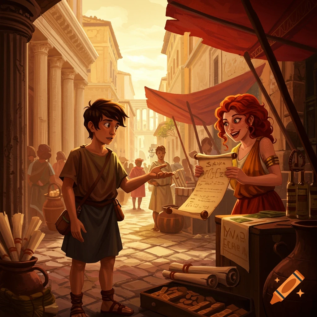 Illustration of a boy buying a scroll from a woman in an ancient street market.