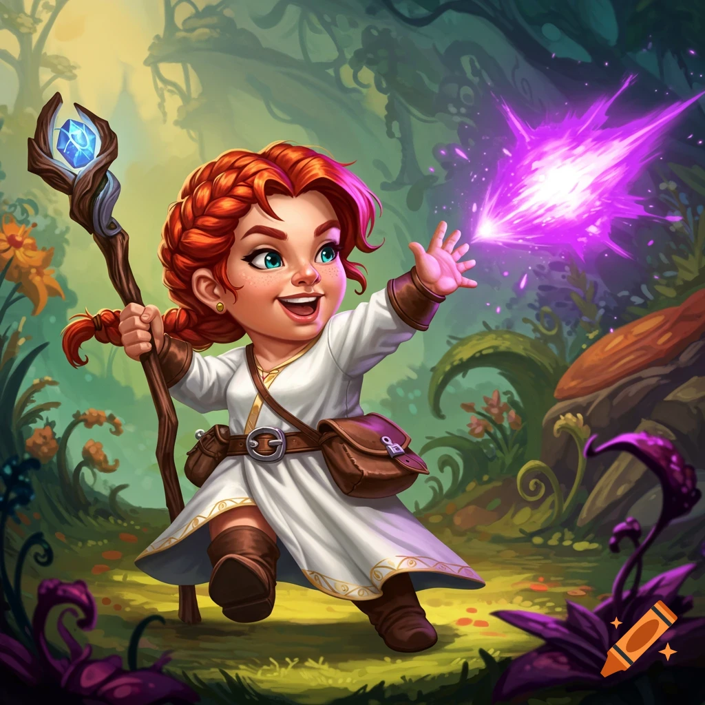 Cartoon dwarf woman casts a purple magic spell in a forest.