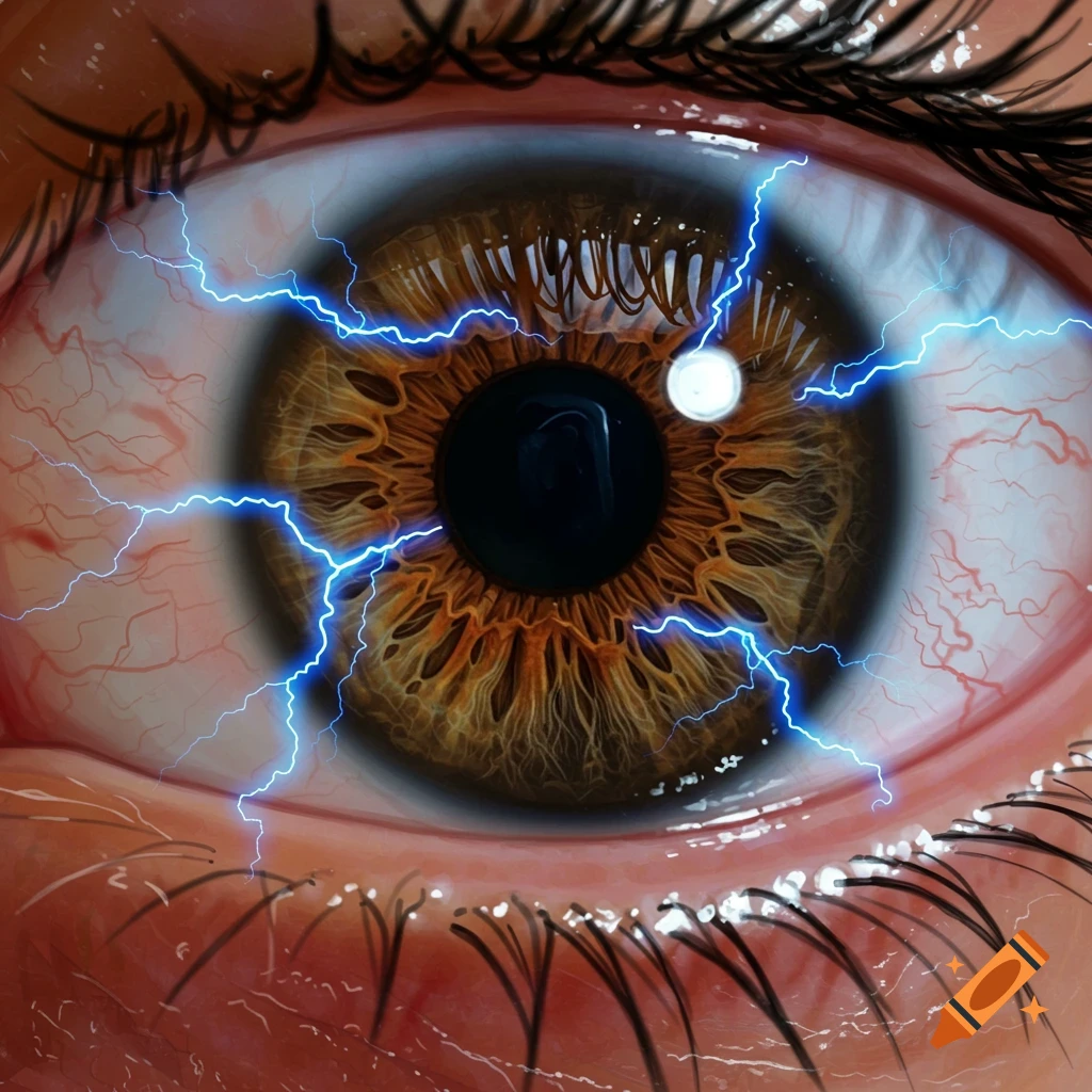 A close-up realistic image of a brown eye with blue lightning effects radiating from the pupil.