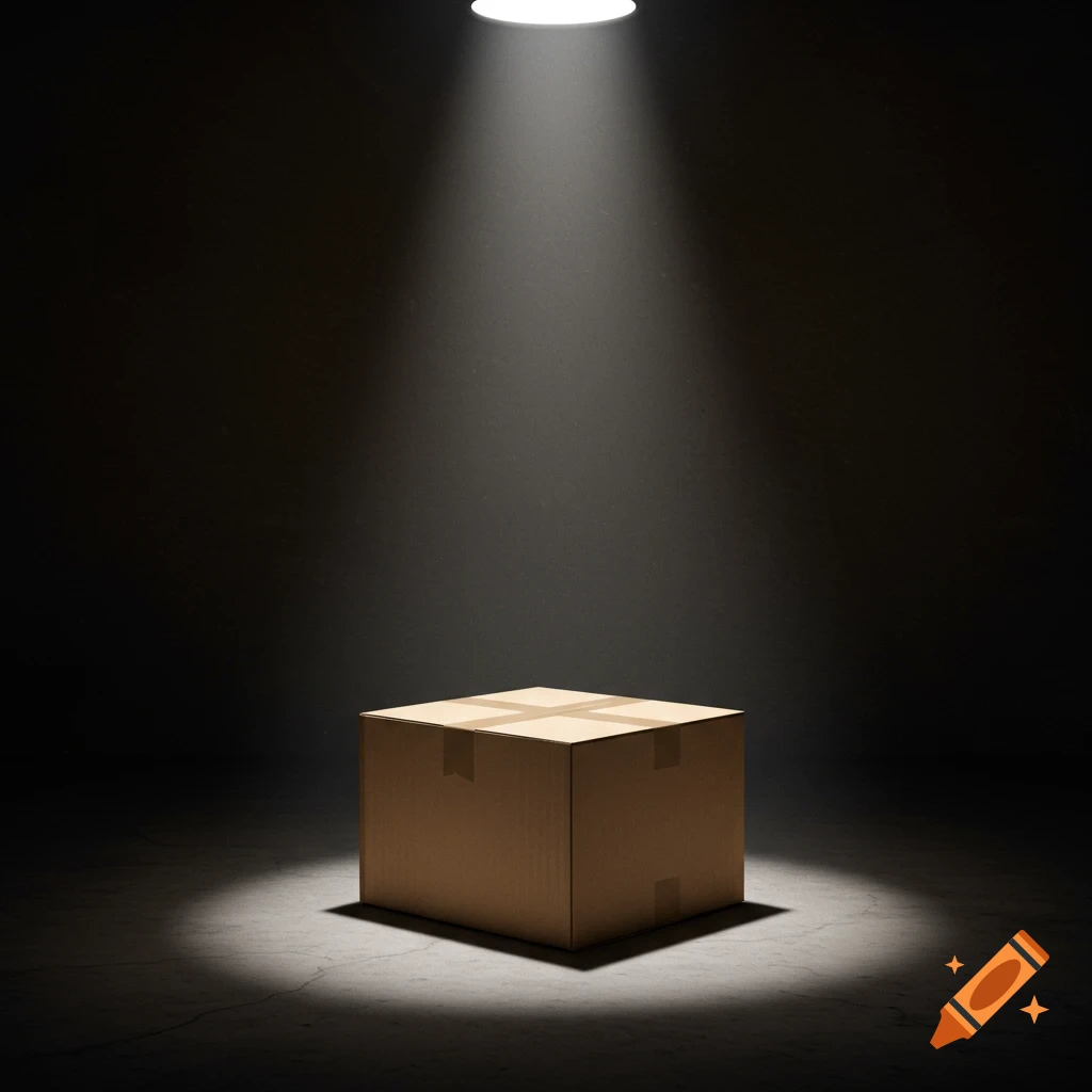 A cardboard box sits on a dark floor, illuminated by a dramatic spotlight from above.