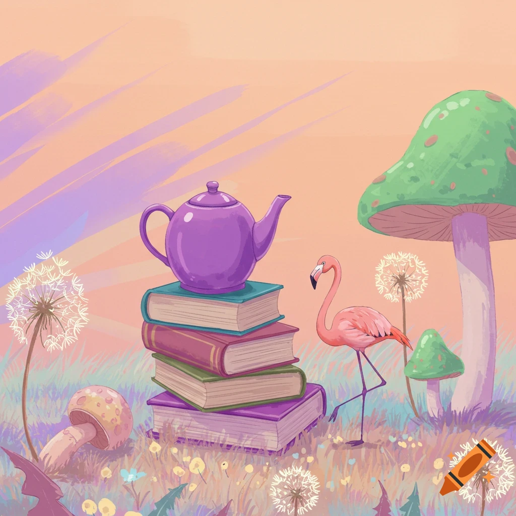 Illustration of a teapot on books, a flamingo, mushrooms, and dandelions in a pastel fantasy landscape.