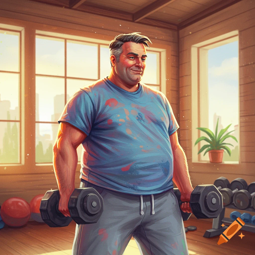 Illustrated man lifting dumbbells in a gym.