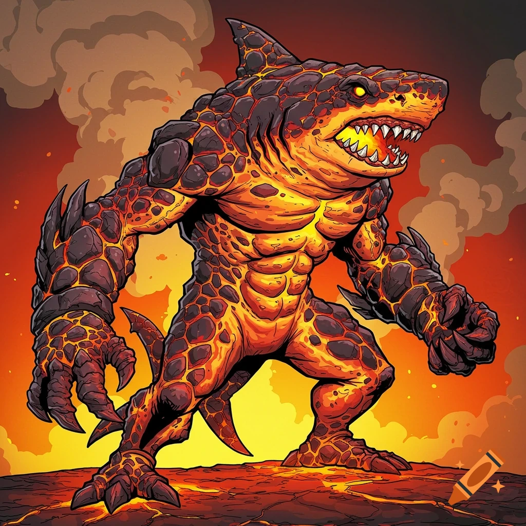Lava shark monster standing on volcanic ground in comic book style.