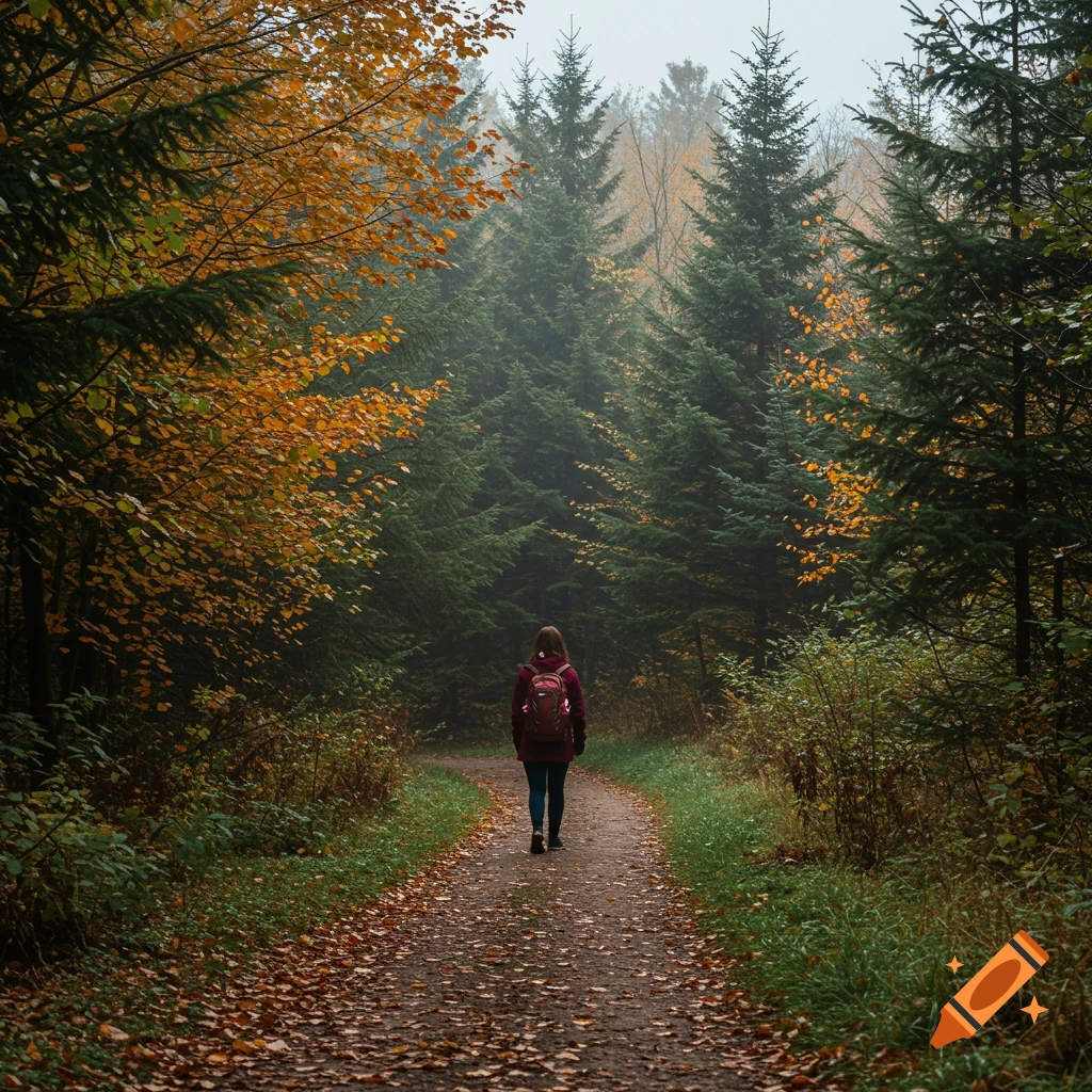 A person with a backpack walks down a leaf-strewn path through an autumn forest.