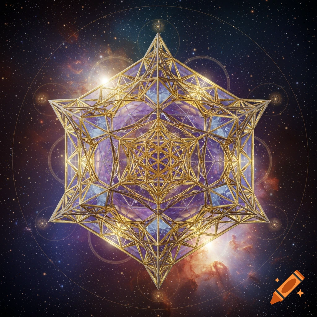 Intricate golden geometric symbol against a background of stars and nebulas