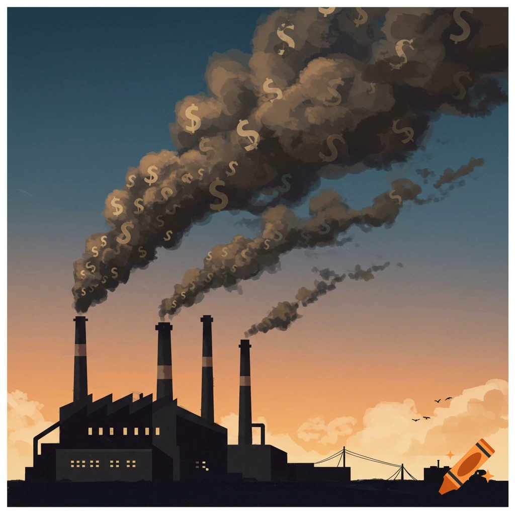 Illustration of a factory emitting smoke filled with dollar signs into a sunset sky.