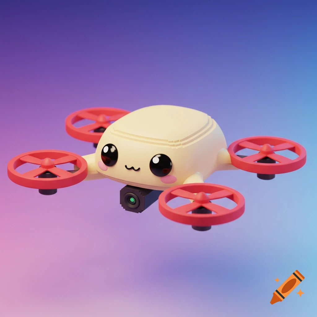 A cute cartoon drone with big eyes and blush cheeks hovers against a purple and blue gradient background.