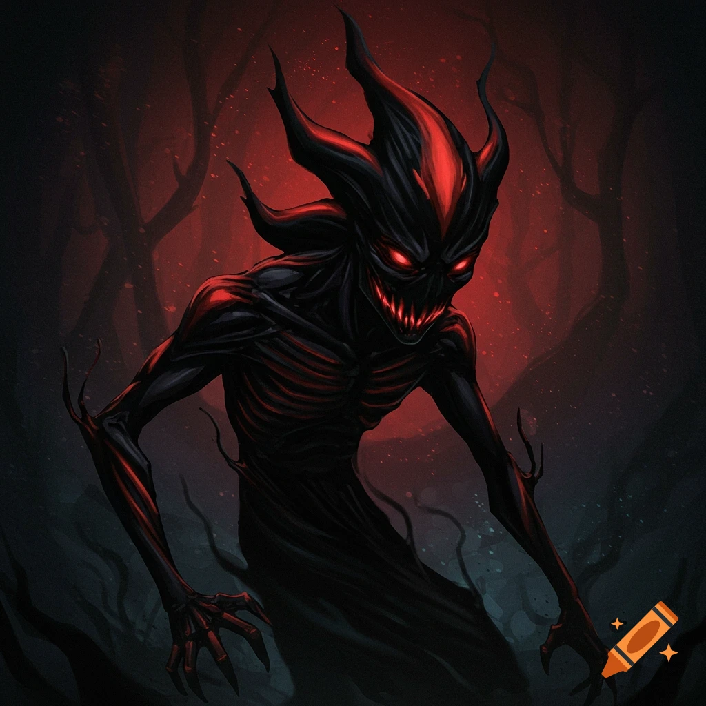 A dark, shadowy creature with glowing red eyes and fangs stands in a dark, misty forest.