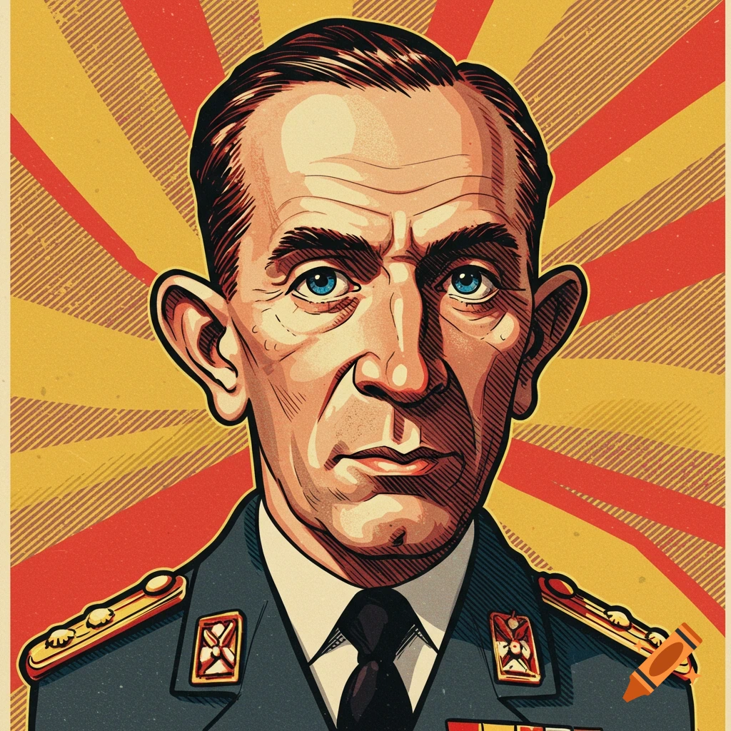 Caricature portrait of a man in military uniform in vintage propaganda style.