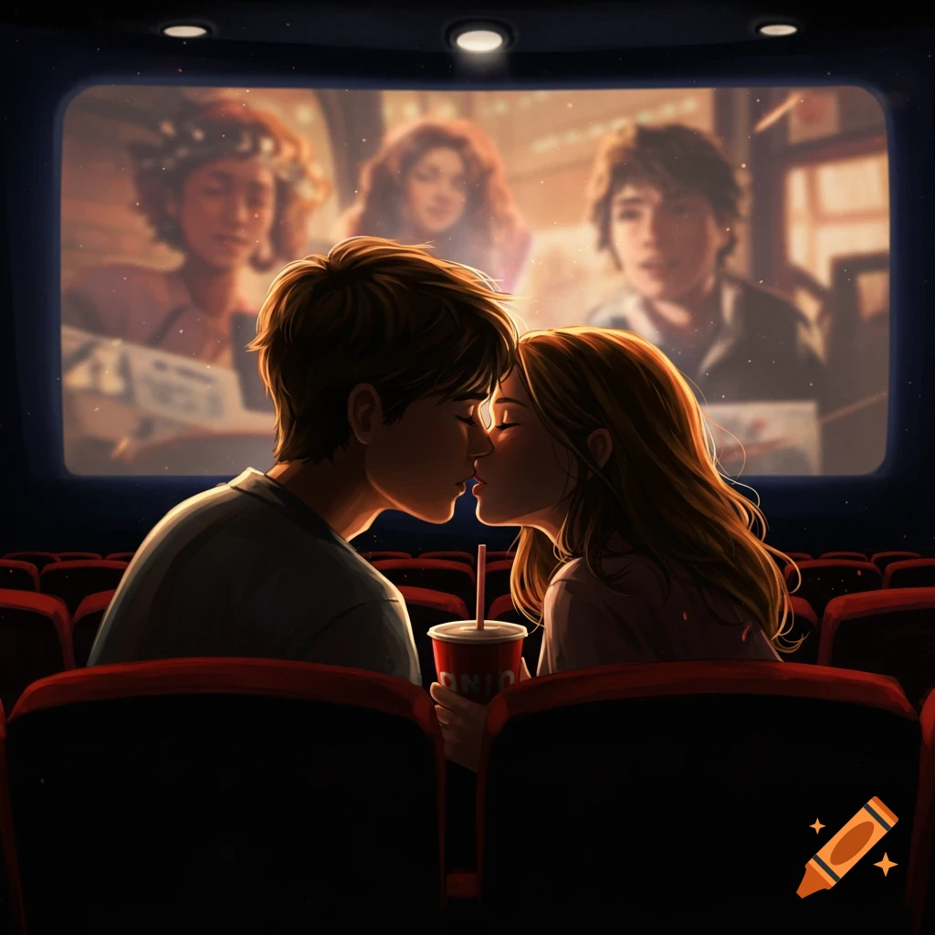 Illustrative image of a young couple kissing in a movie theater.
