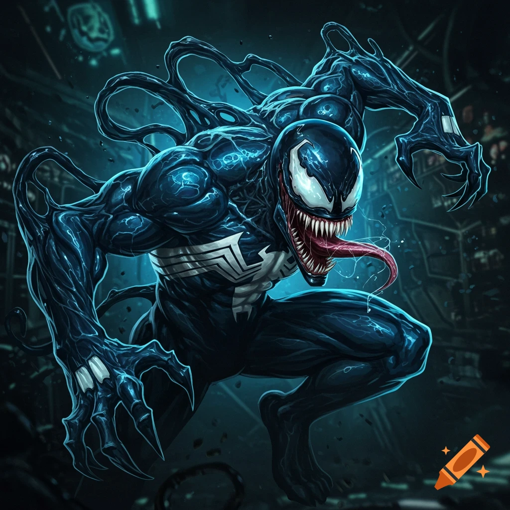 Illustration of Marvel's Venom, a black symbiote with glowing blue highlights and sharp teeth, lunging forward.