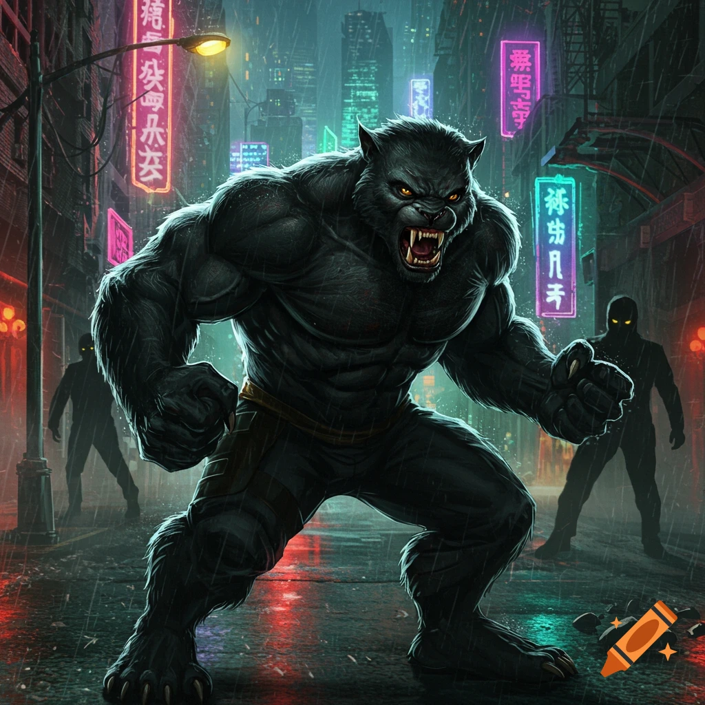 Large dark creature stands in a rainy urban street at night.