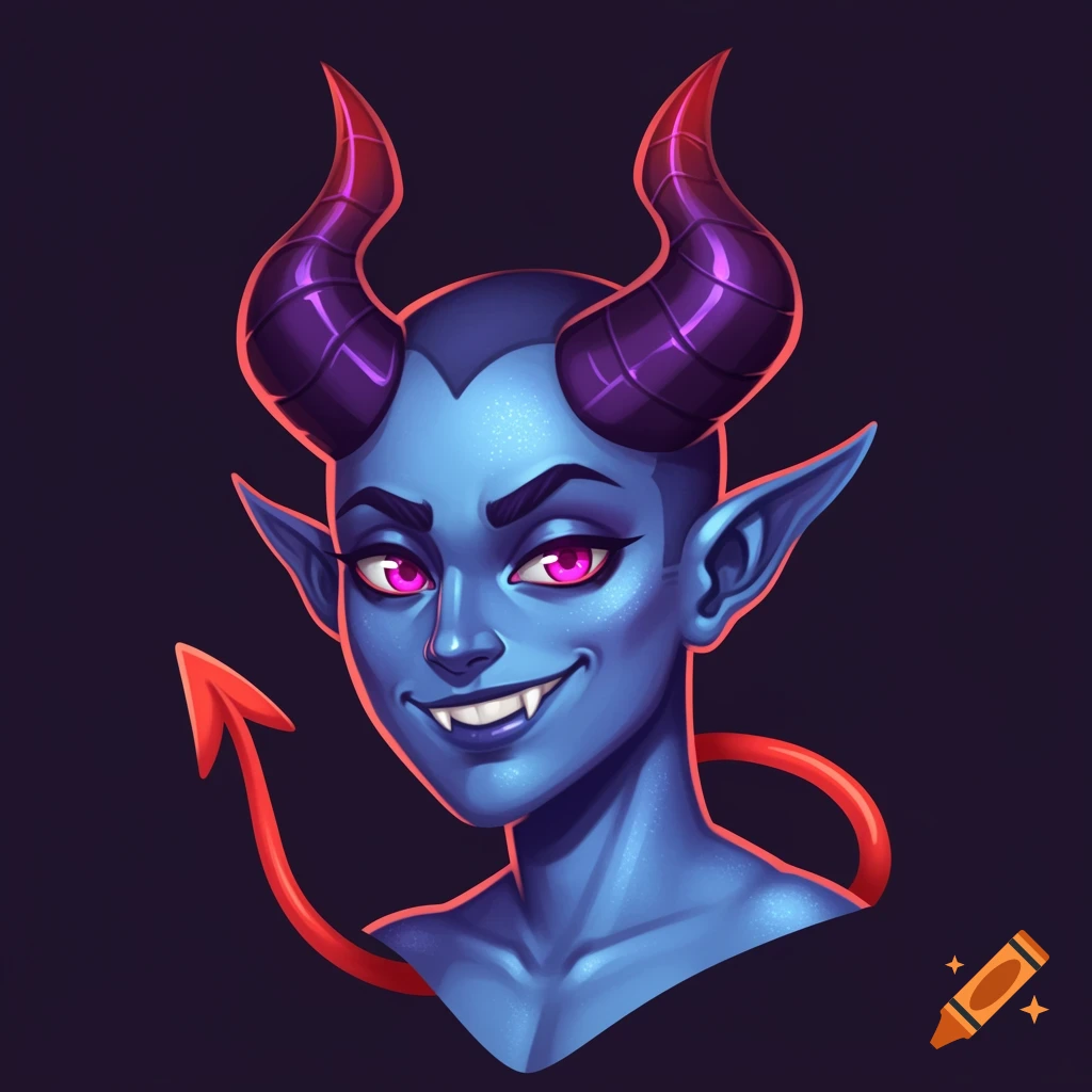 Illustrative bust of a blue-skinned devil character with purple horns, pink eyes, fangs, and a red tail.