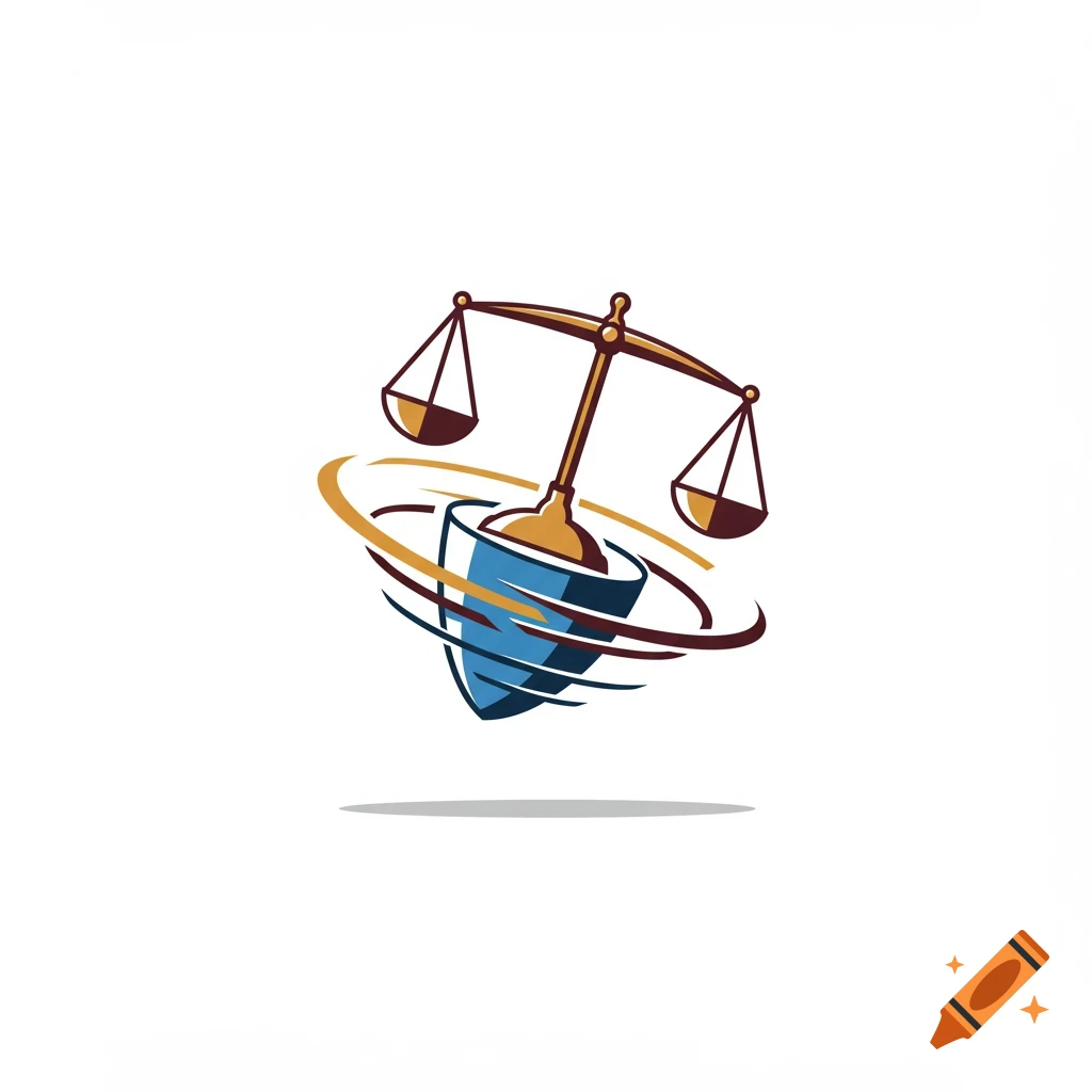 A logo featuring justice scales balancing on a blue shield with swirling gold and brown lines.