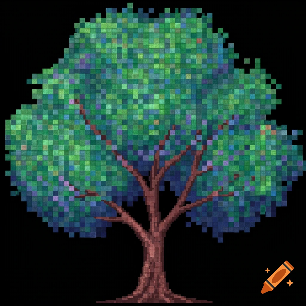 A pixel art style tree with a brown trunk and green and blue leaves.