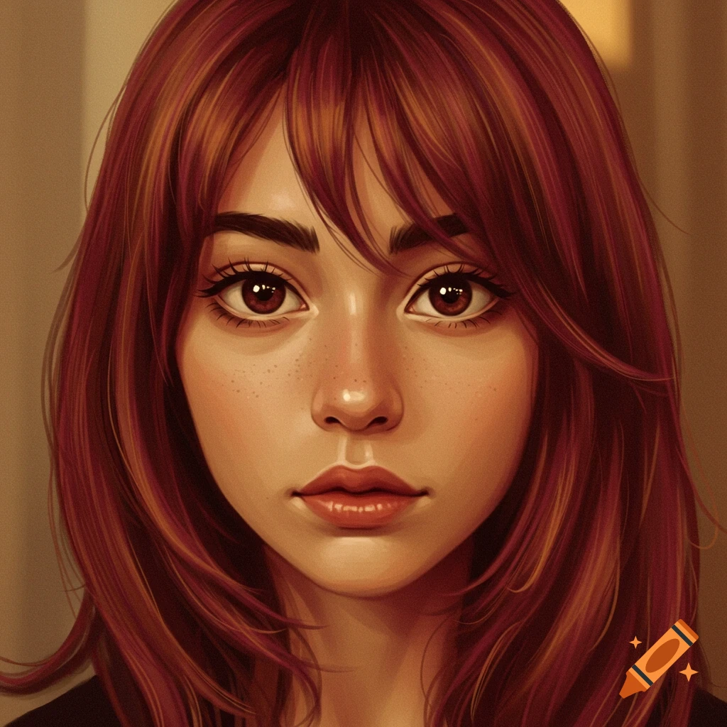 Digital portrait of a young woman with reddish-brown hair and brown eyes.