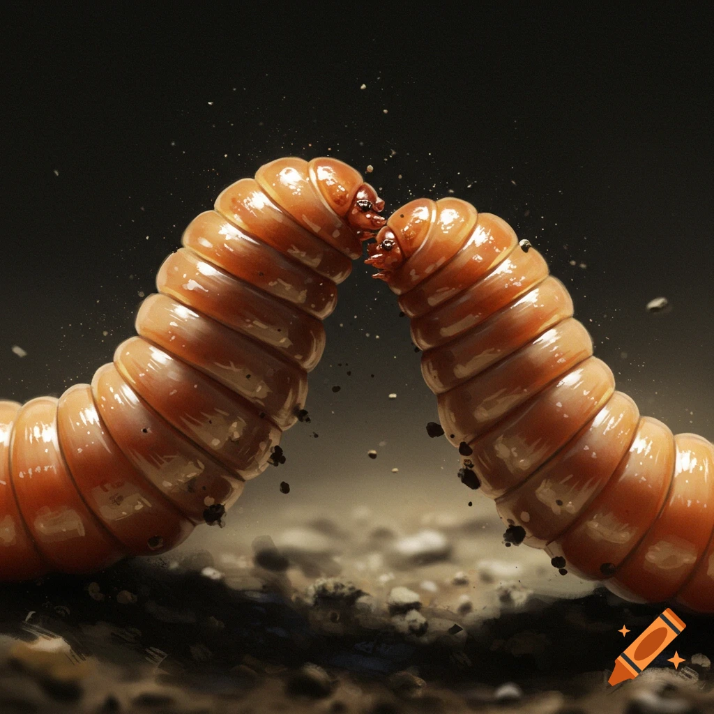Two segmented worms face each other on the ground in a photorealistic style.