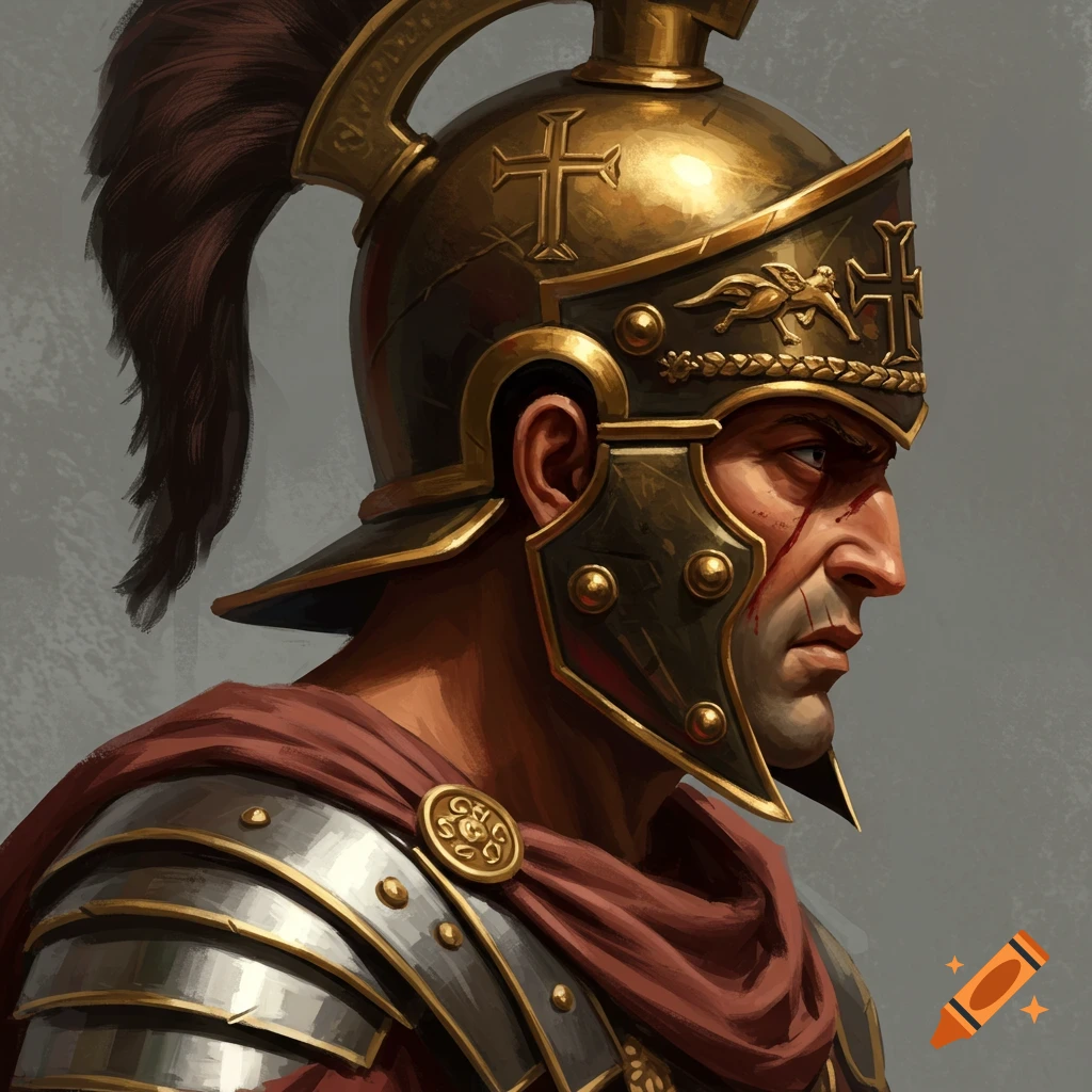 Side profile illustration of a Roman soldier wearing a helmet with a cross, armor, and showing facial scars.