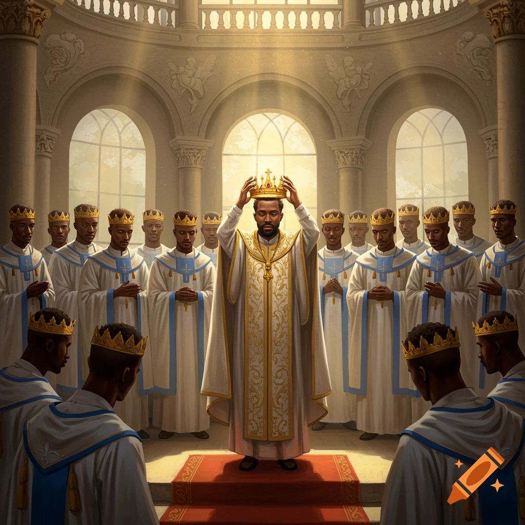 Painting of a man being crowned in a large hall, surrounded by many men in white and blue robes and crowns.
