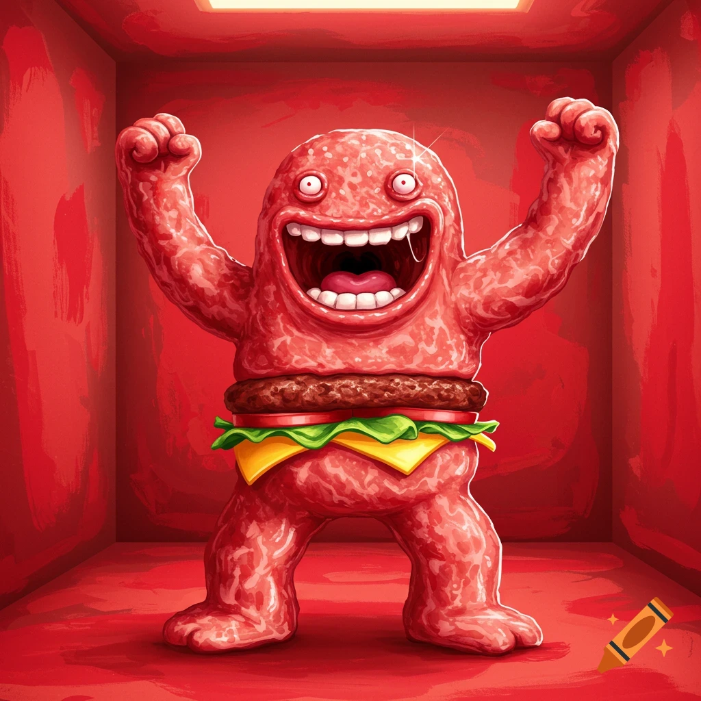 Excited humanoid figure made of hamburger meat with a burger midsection, standing in a red room.