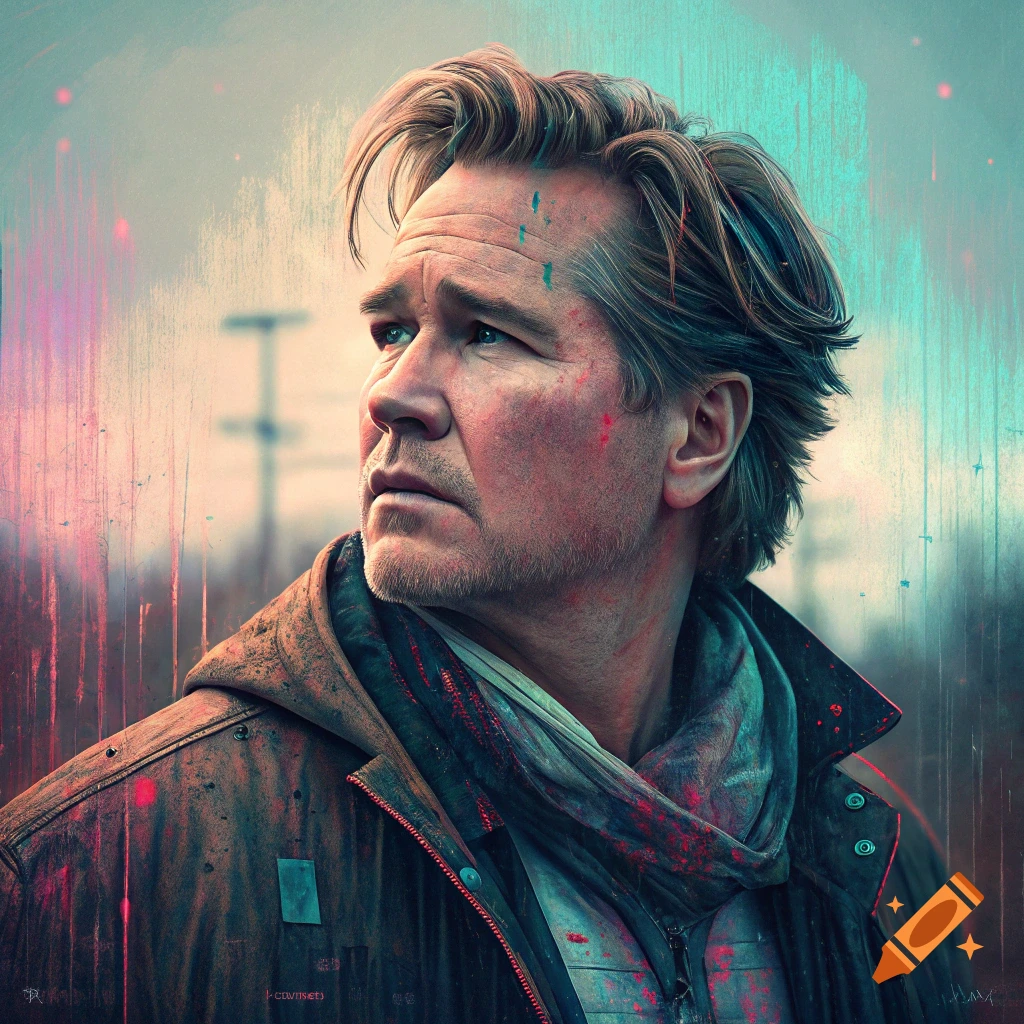 Portrait of actor Val Kilmer looking up with abstract streaks and splatters on his face and clothes.