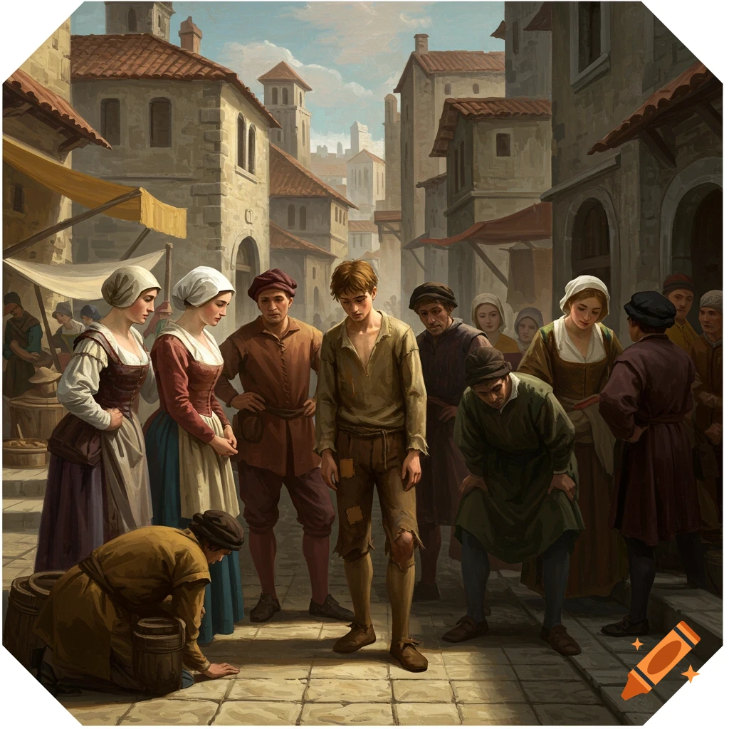 A group of people in historical clothing standing in a cobblestone street, looking down at a figure on the ground.