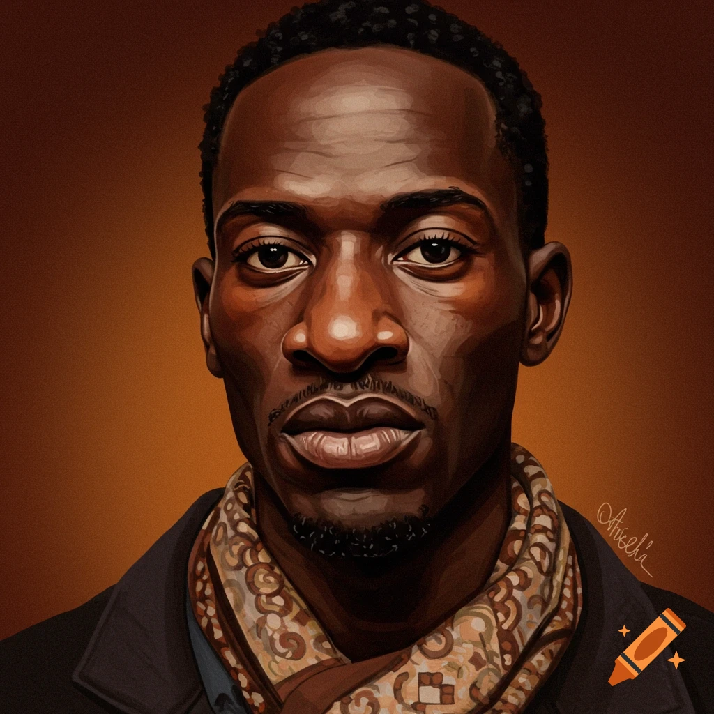 A portrait of a Black man in a patterned scarf against a brown background.