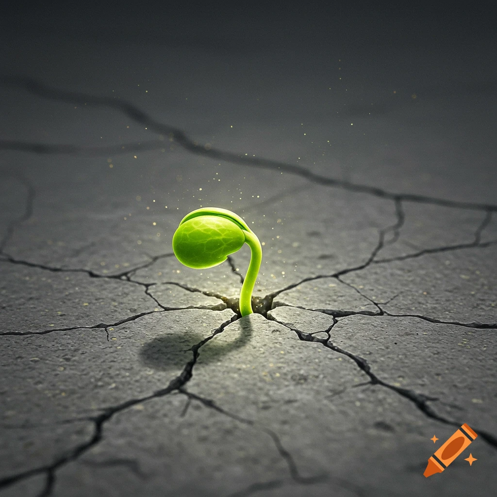 A bright green seedling pushes up through cracked grey concrete.
