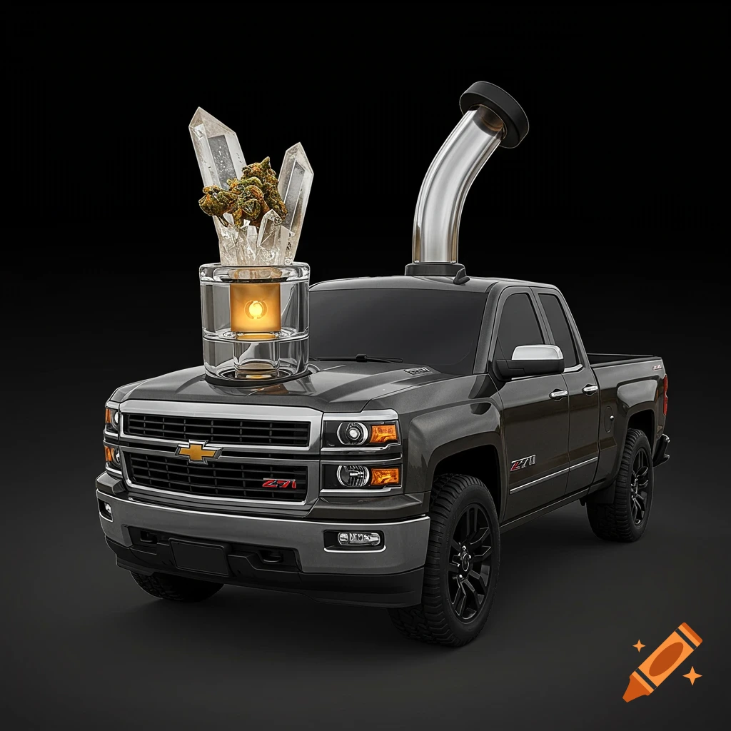 Chevrolet Silverado truck themed dab rig with cannabis and crystals on a black background.
