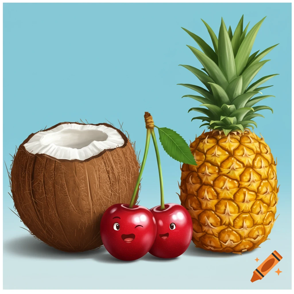 A split coconut, two anthropomorphic cherries with faces, and a pineapple on a blue background.