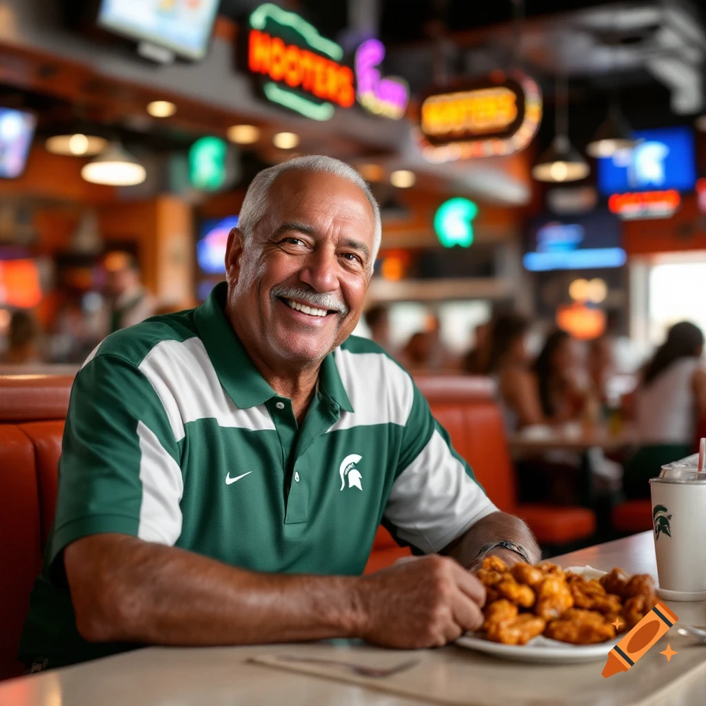 A smiling man in a green and white MSU polo sits at a table in a Hooters restaurant with a plate of chicken wings.
