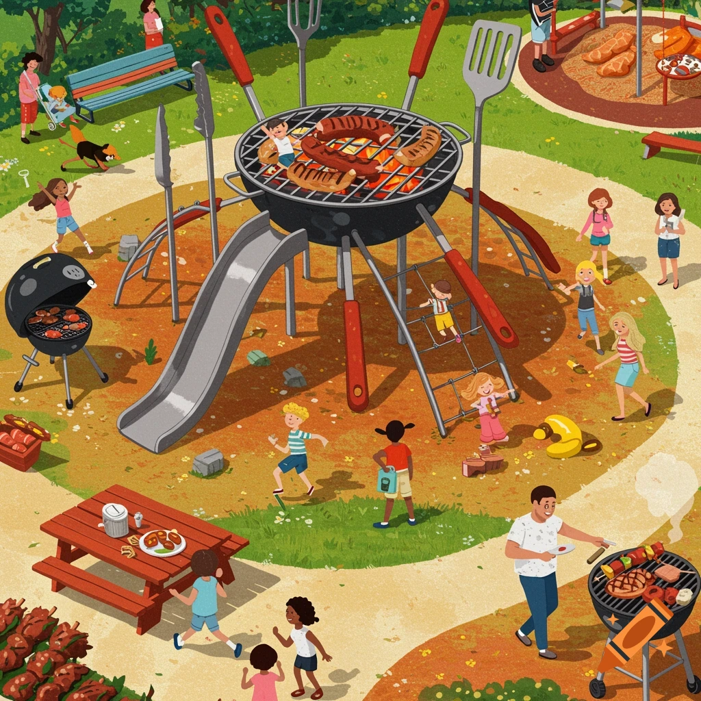 A cartoon illustration of a busy playground with people having a BBQ, including children playing and adults cooking.