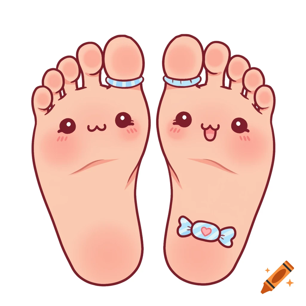 Two cute cartoon feet with faces, rings on toes, and a candy.