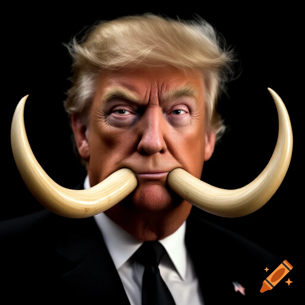 Photorealistic portrait of Donald Trump with large elephant tusks protruding from his mouth like a mustache.