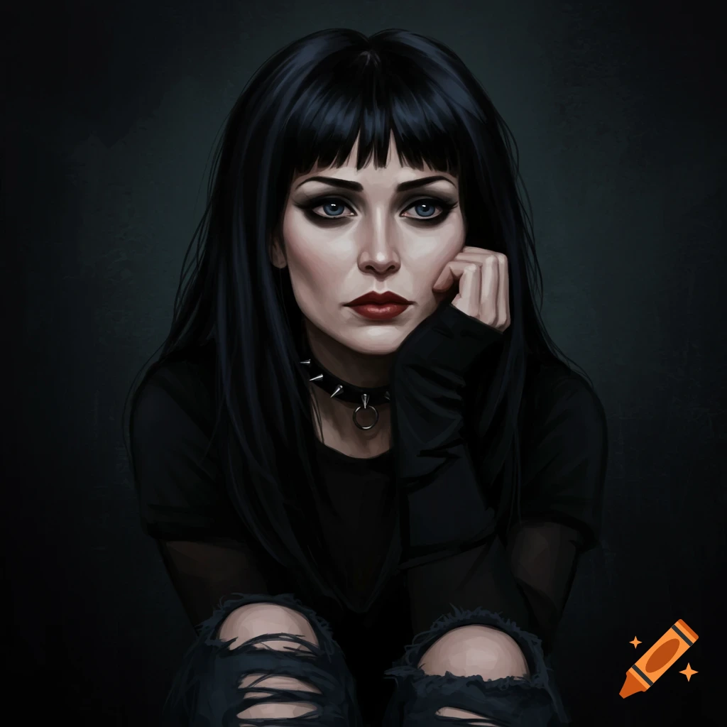 Portrait of a woman with black hair, dark makeup, spiked choker, and ripped black clothing, in a dark artistic style.