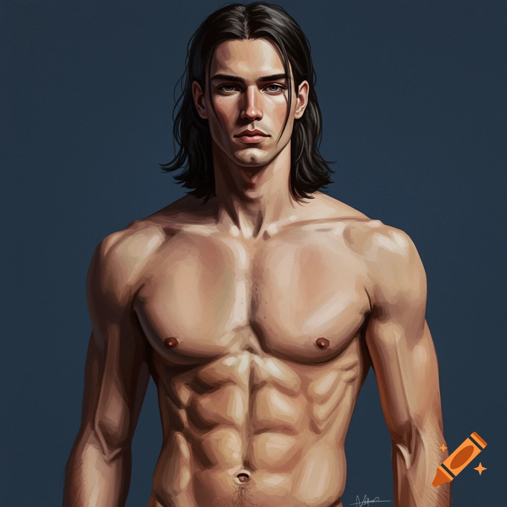 A muscular man with long dark hair and broad shoulders.