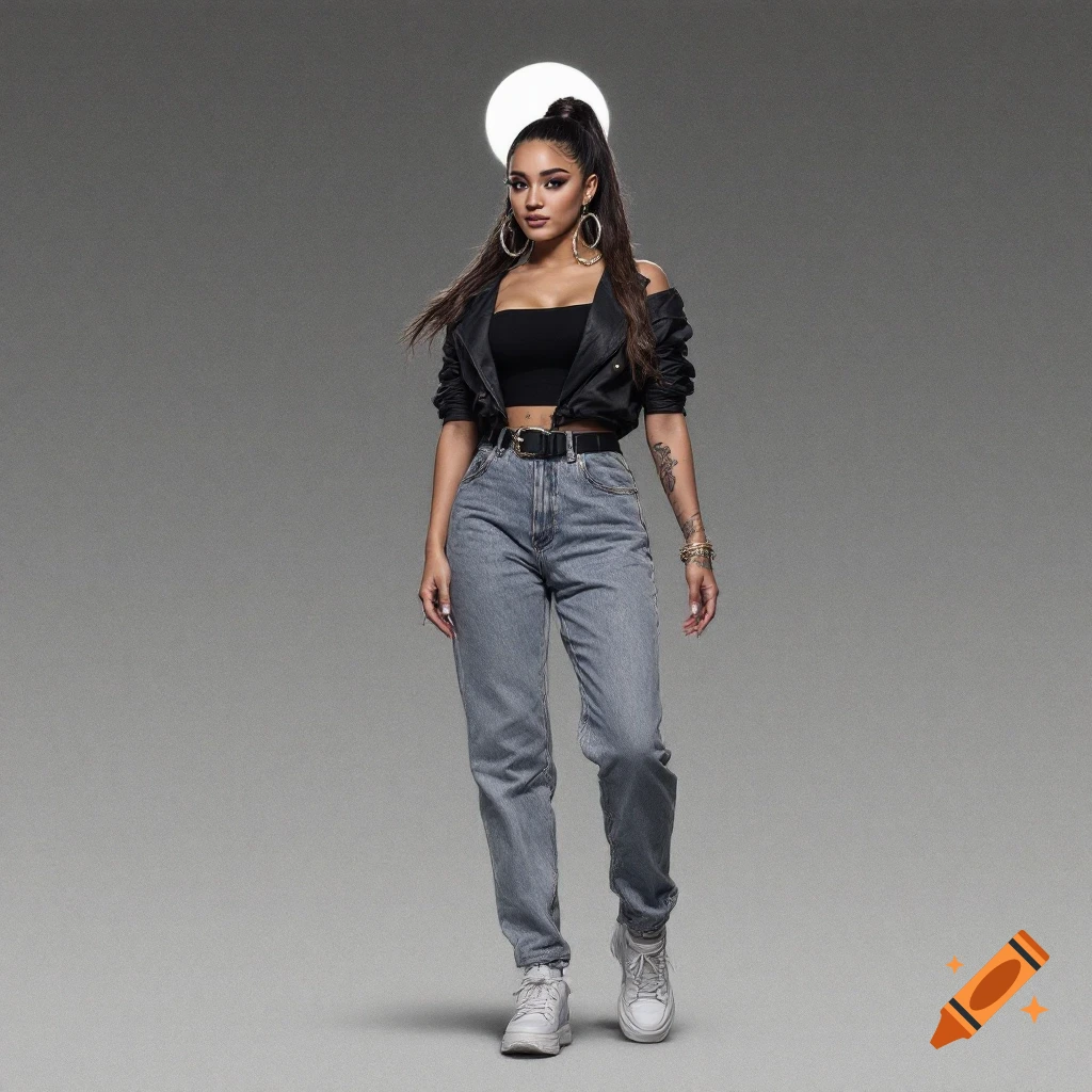 A woman with a ponytail, crop top, and jeans stands in a studio with a circular light behind her head.