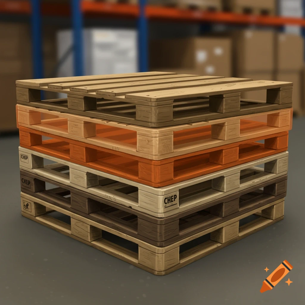 Stacked pallets of different colors in a warehouse