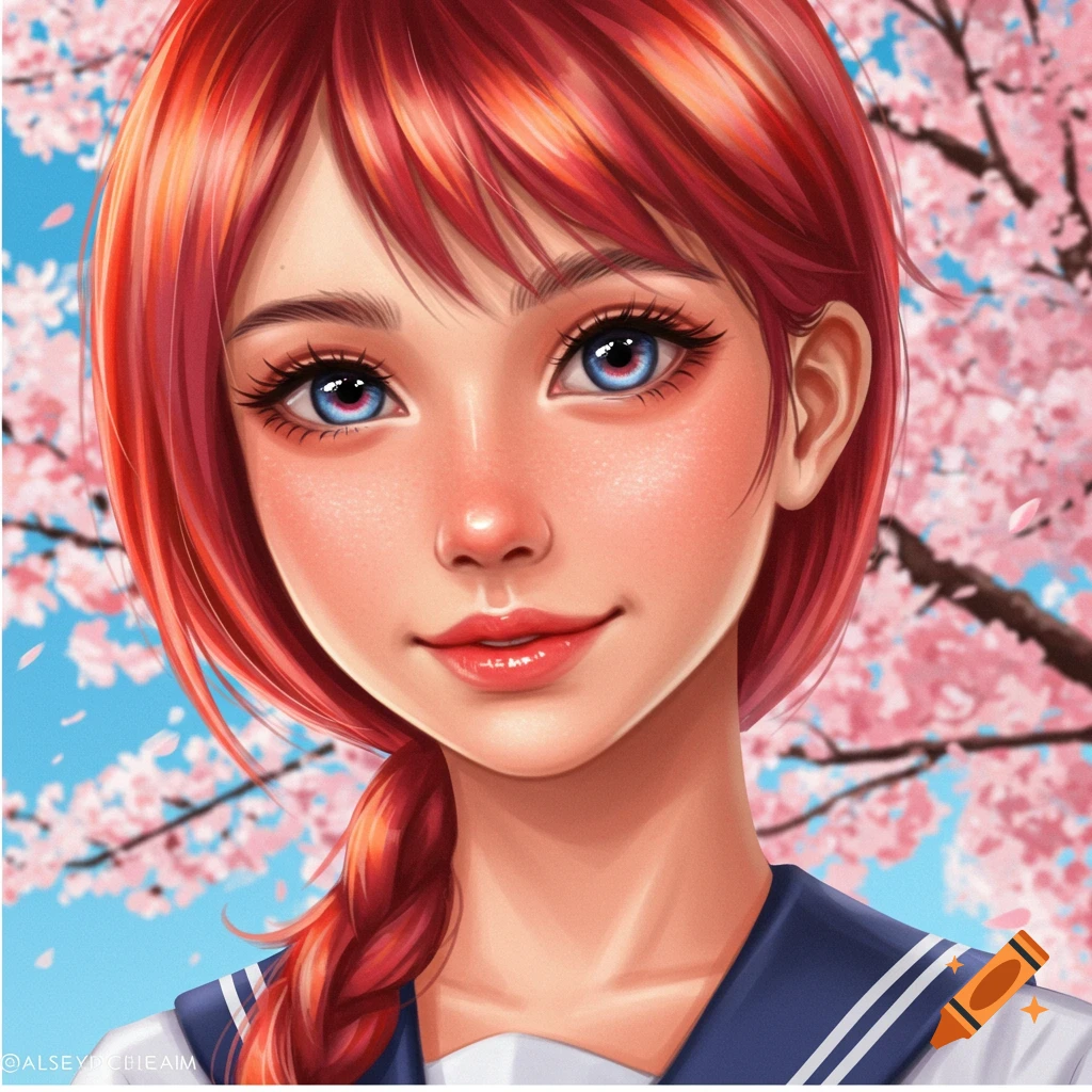 Anime portrait of a girl with red hair and blue eyes in a school uniform, standing among cherry blossoms.