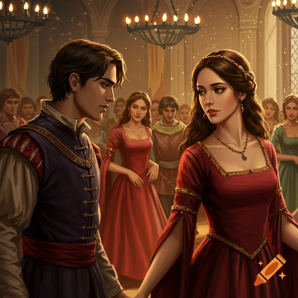 A man and woman gaze at each other in a crowded ballroom, wearing historical clothing.
