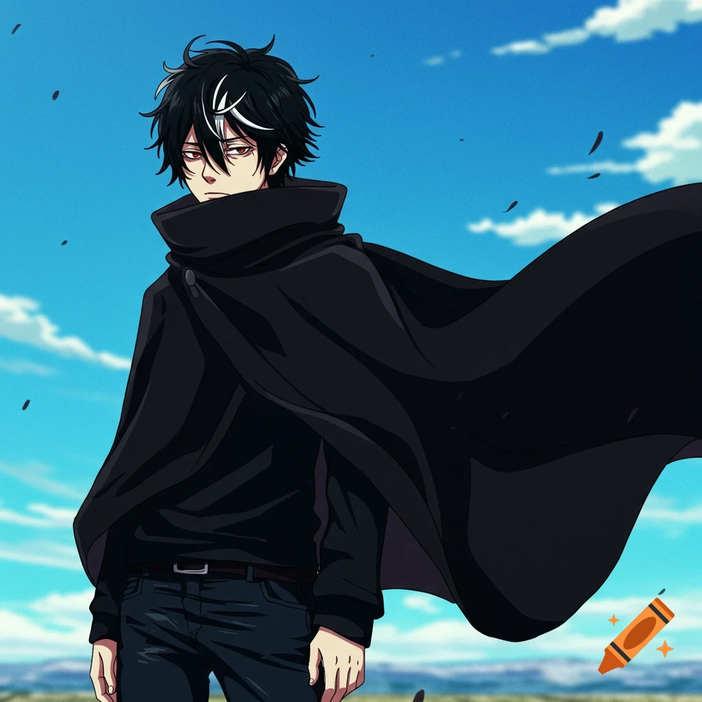 An anime man in a black cloak stands under a blue sky.