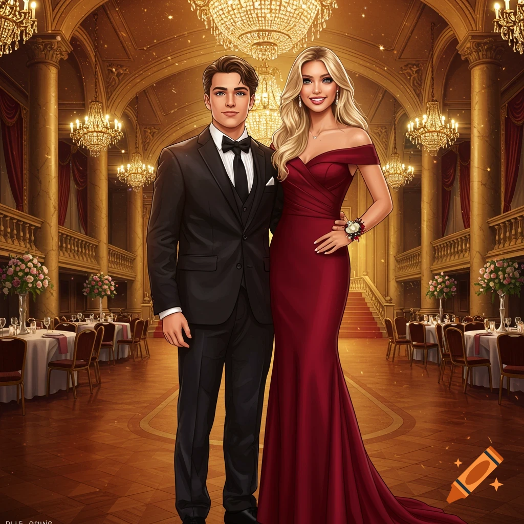 A formally dressed young couple stands in a grand ballroom with chandeliers and tables.